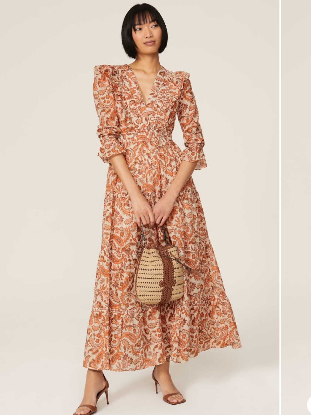 Maje Paris Paisley Ruffle Maxi Dress Size 34 Us 2 100% Cotton